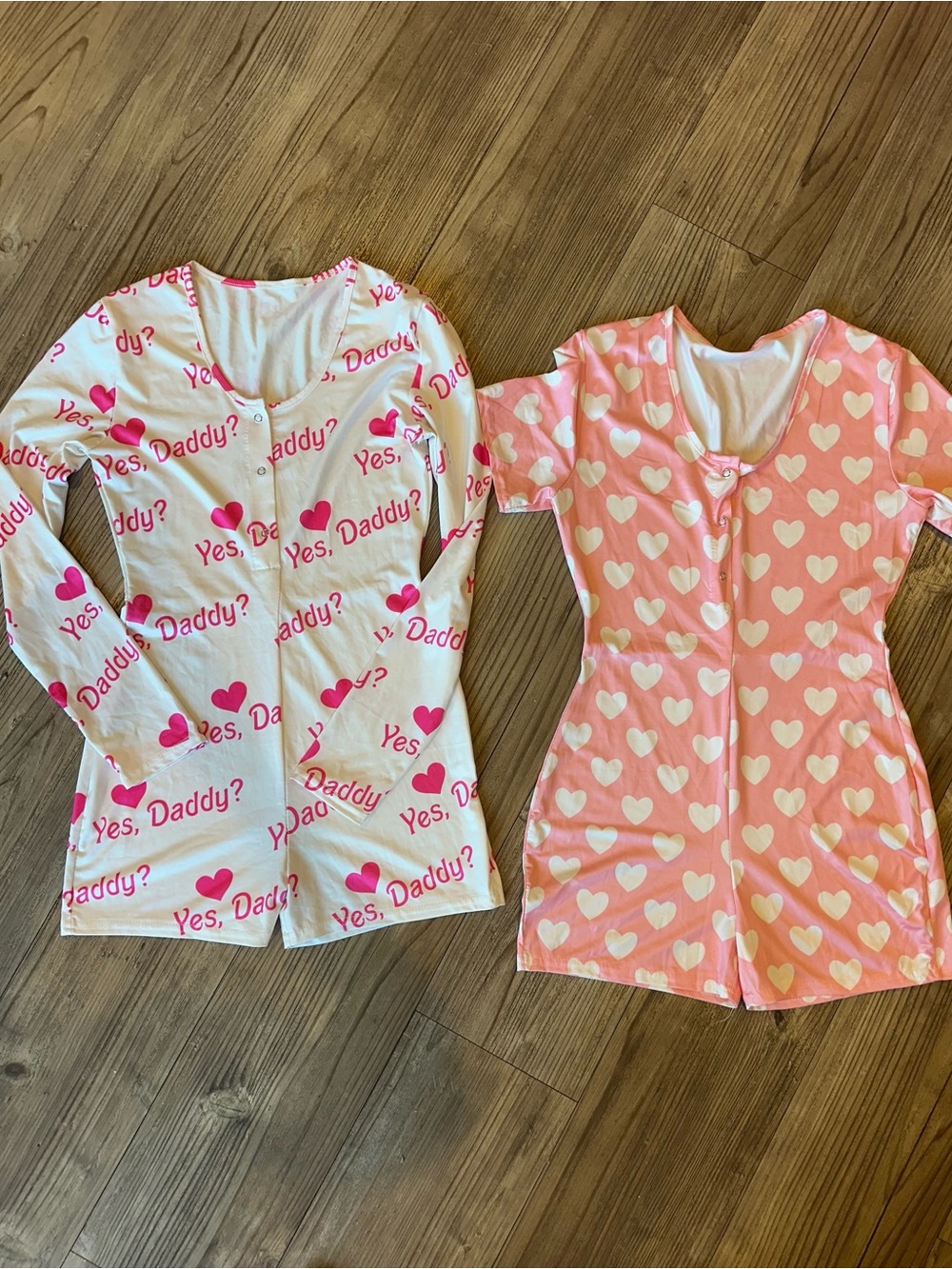 Women’s Heart-Print Pink and White “Daddy?” Pajama Romper Sets
